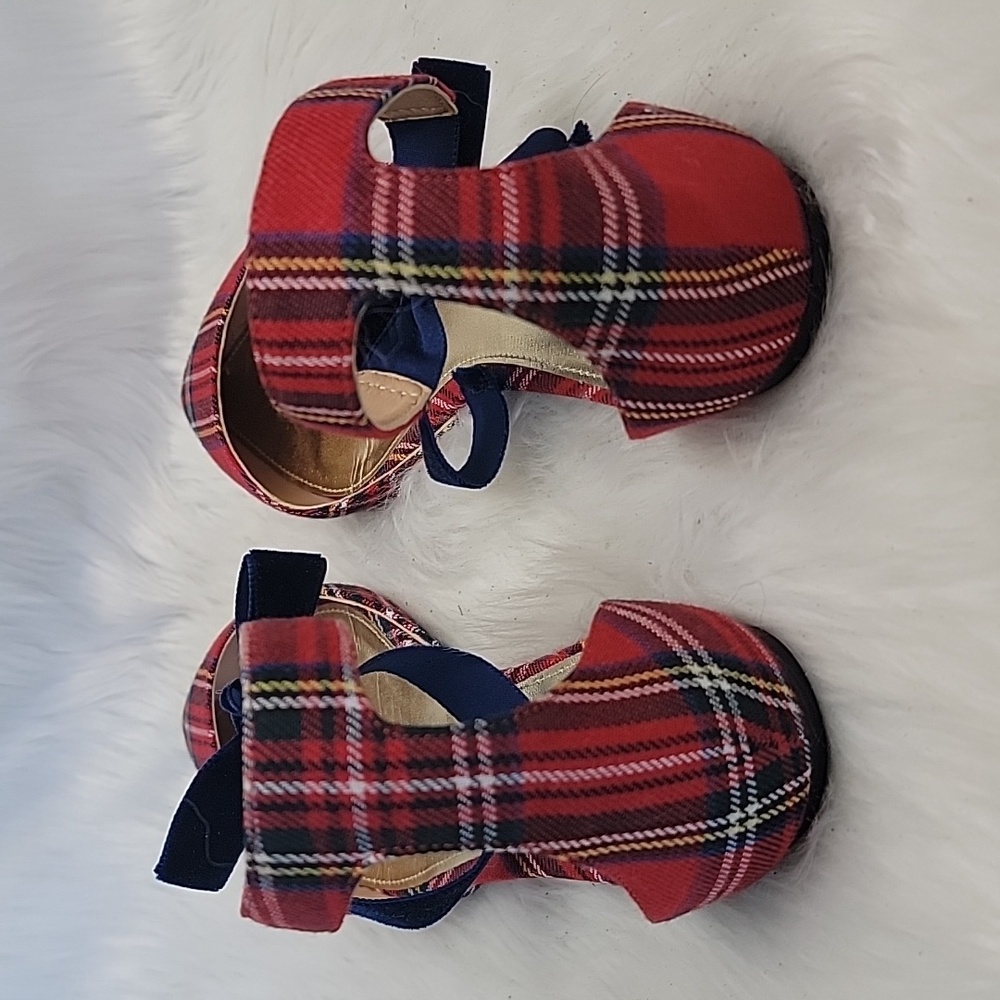 J.CREW Red Tartan Plaid d'Orsay Velvet Ankle Tie Festive Preppy Holiday Flat 7.5 - Picture 3 of 13